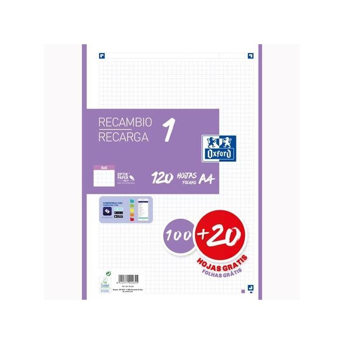 Oxford Recambio Classic 120 Hojas A4 Sueltas 90 gr 5x5 mm 4 Taladros 1 Banda Color Malva