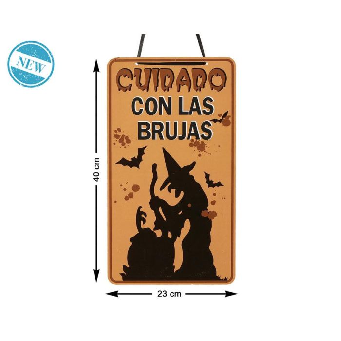 Cartel Colgante "Cuidado Con Las Brujas" Halloween 40x23 cm