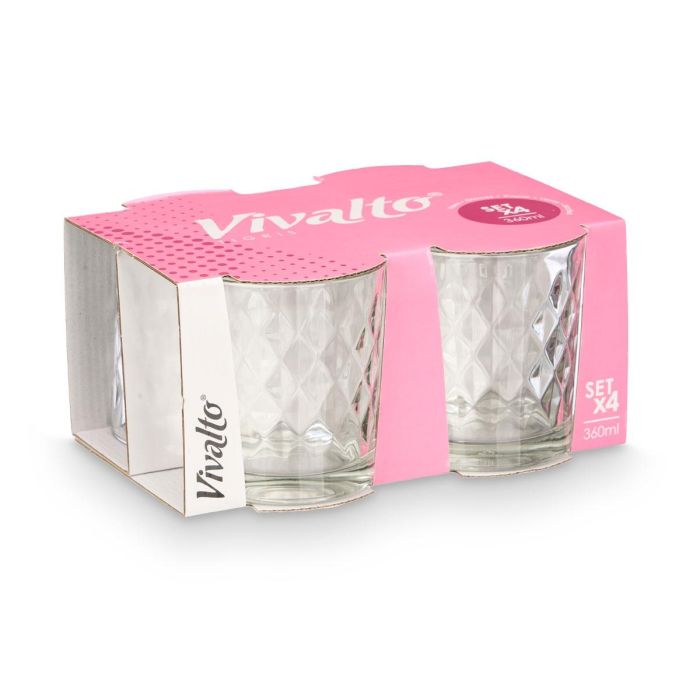 Set 4 Vasos Vidrio Diamante 360 ml Vivalto - 21x10.5x16.5 cm, Transparente, Apto Microondas (6 Unidades) 2 Set 4 Vasos Vidrio Diamante 360 ml Vivalto - 21x10.5x16.5 cm, Transparente, Apto Microondas (6 Unidades) 2
