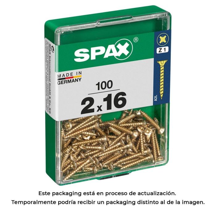 Spax 4081020200162 - Tornillo Madera Universal Cabeza Plana, Rosca Completa Yellox, Ranura Cruz Z1, Punta S, 2,0x16mm, Caja 100 Uds. 0 Spax 4081020200162 - Tornillo Madera Universal Cabeza Plana, Rosca Completa Yellox, Ranura Cruz Z1, Punta S, 2,0x16mm, Caja 100 Uds. 0