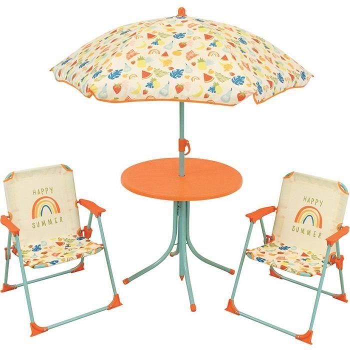 FUN HOUSE Fruity's Garden muebles - 1 mesa H.46 x ø46 cm, 2 sillas H.53xW.38.5xD.37.5 cm y 1 sombrilla H.125 x ø100 cm FUN HOUSE Fruity's Garden muebles - 1 mesa H.46 x ø46 cm, 2 sillas H.53xW.38.5xD.37.5 cm y 1 sombrilla H.125 x ø100 cm