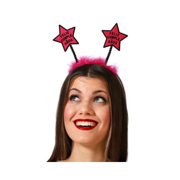 Diadema Feliz Cumpleaños Con Estrellas Fucsias Y Plumas Rosas Para Fiestas Y Celebraciones