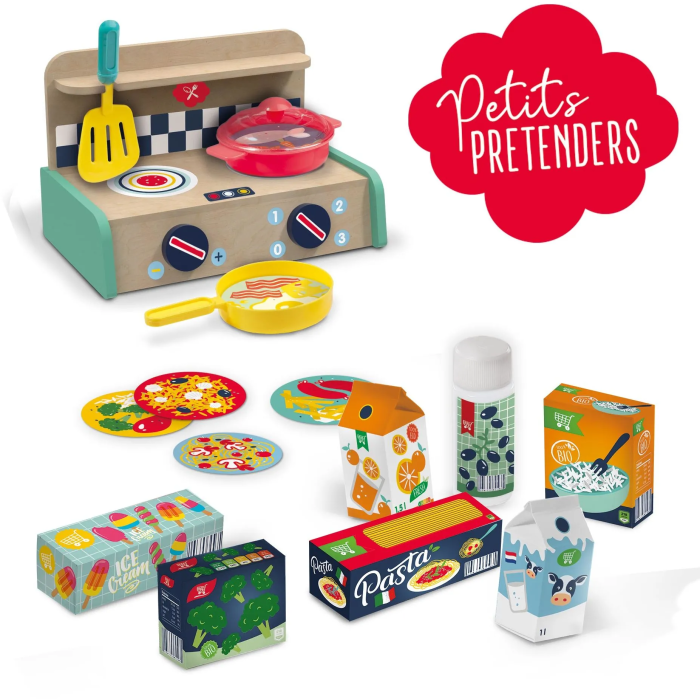 Ses SES8710341180089 Kit de juegos de cocina Su creatividad: cocina de madera, estufa, sartén, espátula, botella de aceite y 6 productos - 3 años 1