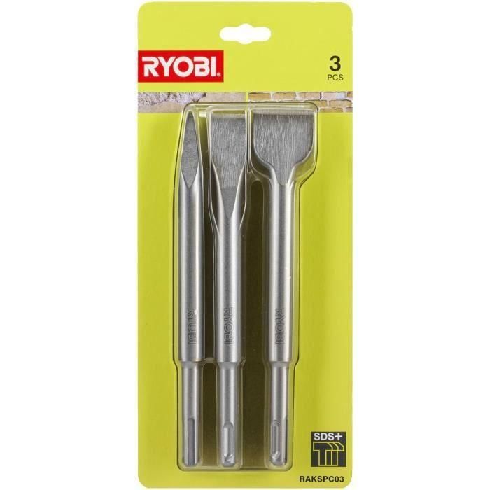 Ryobi RAKSPC03 Kit de 3 Cinceles SDS+ para Martillo Perforador - Contiene 1 Cincel de Punta, 1 Cincel Plano y 1 Cincel de Pico