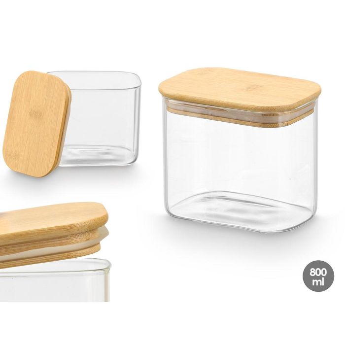 Vivalto Tarro Rectangular de Vidrio Borosilicato con Tapa de Bambú 800 ml 12x10x8 cm (12 Unidades) Vivalto Tarro Rectangular de Vidrio Borosilicato con Tapa de Bambú 800 ml 12x10x8 cm (12 Unidades)