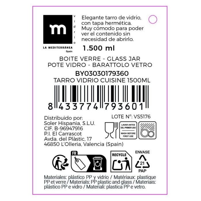 La Mediterranea Tarro Vidrio Cuisine 1500 ml (14x14x20 cm) 6