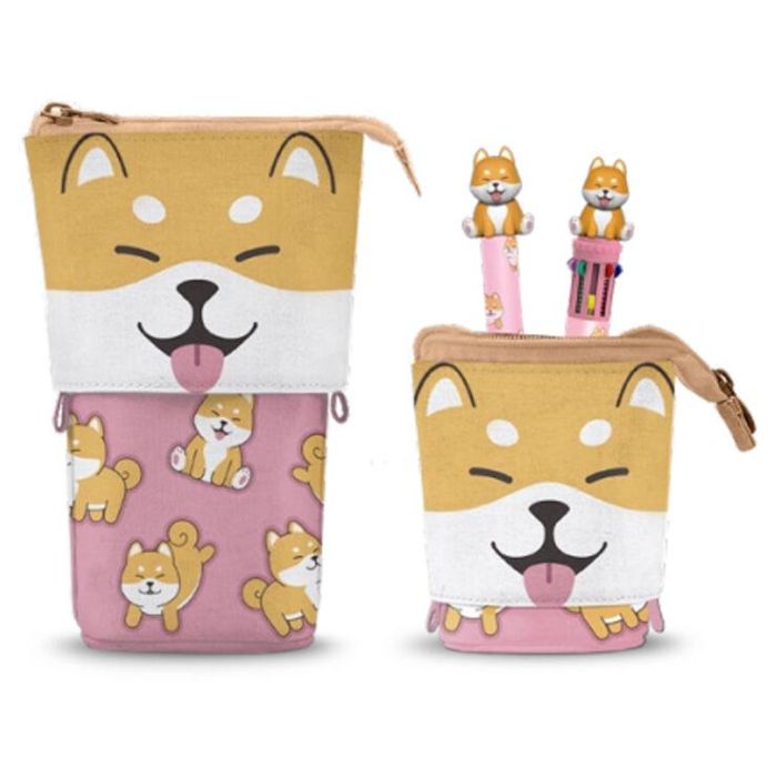 Oh My Pop Estuche Portatodo Vertical Cute Shiba Rosa + Bolígrafo Gel 10 Colores Borrable Poli/ABS