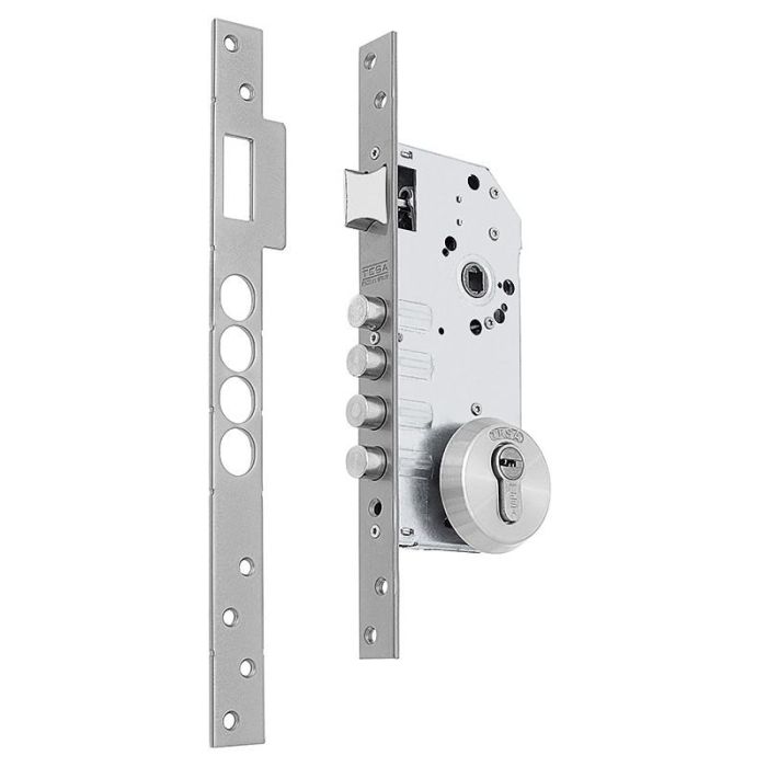 TESA R100B566C Cerradura de Embutir 4 Bulones Acero Niquelado Ø14mm Canto Recto Caja Abierta Cromo con Escudo E700L y Cilindro T60