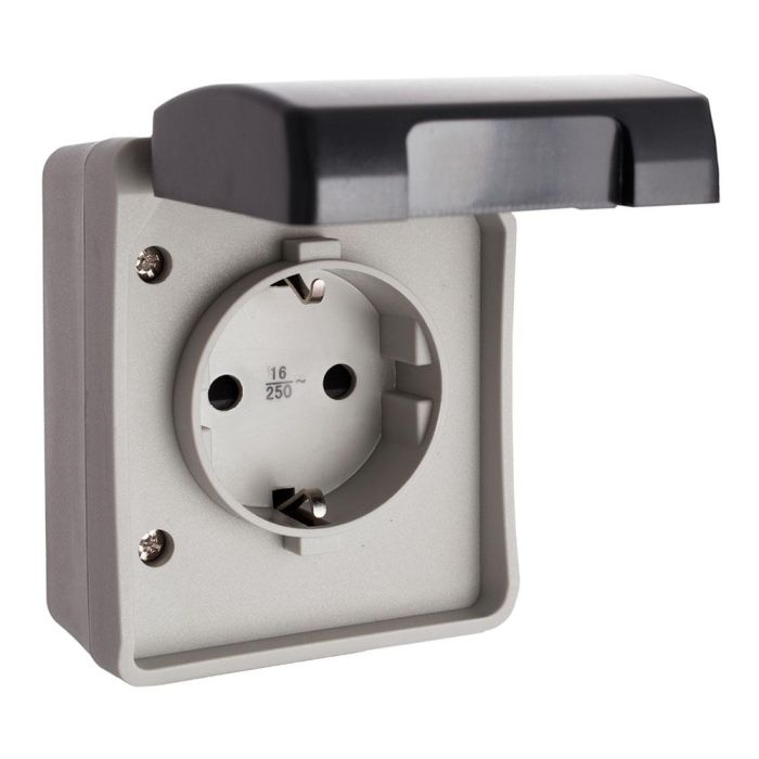 Solera Base Fija Estanca 2P+T 16A 250V IP44 de Superficie Polipropileno Gris/Negro 65x80x55mm Embornamiento Tornillo