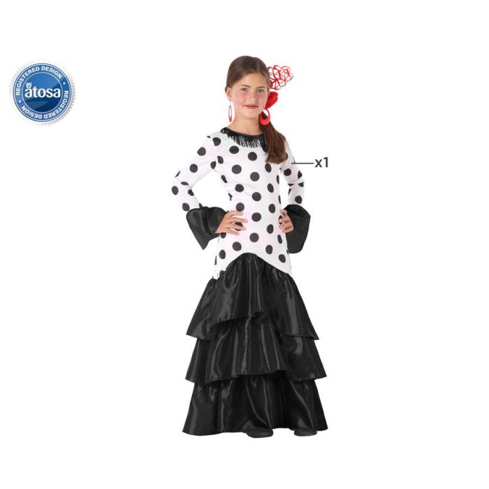 Disfraz Flamenca Sevillana Blanco Negro para Niña 3-4 Años - Traje largo de lunares negros sobre fondo blanco con cola en volumen Disfraz Flamenca Sevillana Blanco Negro para Niña 3-4 Años - Traje largo de lunares negros sobre fondo blanco con cola en volumen