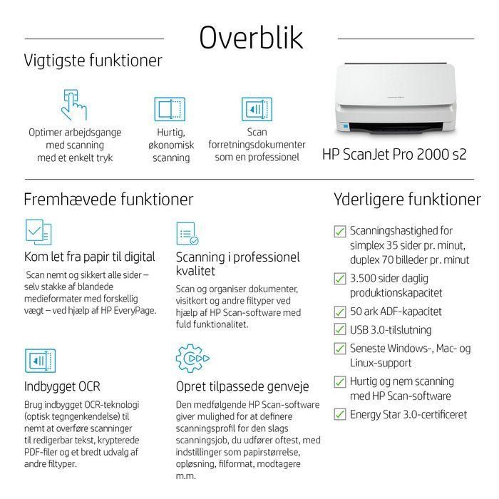 HP ScanJet Pro 2000 s2 Scanner Sheet-feed 35 ppm/70 ipm 50 pags ADF