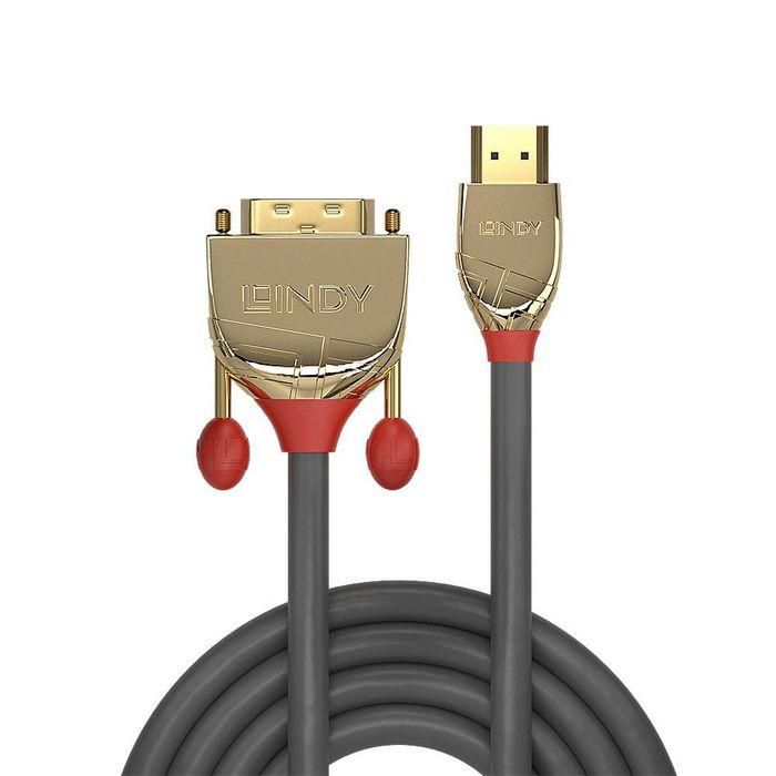 Lindy Cable HDMI a DVI-D 0.5m Gold Line, Alto Rendimiento, Triple Apantallado 24AWG OFC, Contactos Bañados en Oro, 1080p, 1920x1200 1