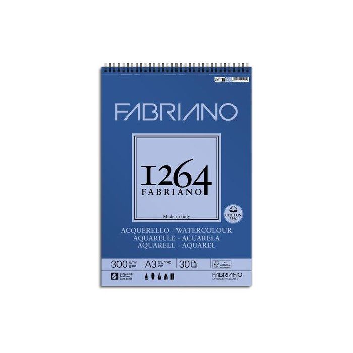 Bloc De Dibujo Fabriano 1264 Acuarela Con Espiral Liso Grano Fino A3 300G 30H
