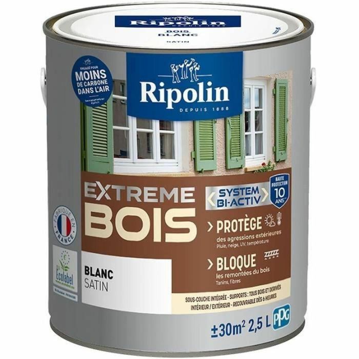 Ripolin Pintura para Madera Interiores y Exteriores Blanco Satinado 2.5L - Fácil Aplicación, Resistente a Golpes