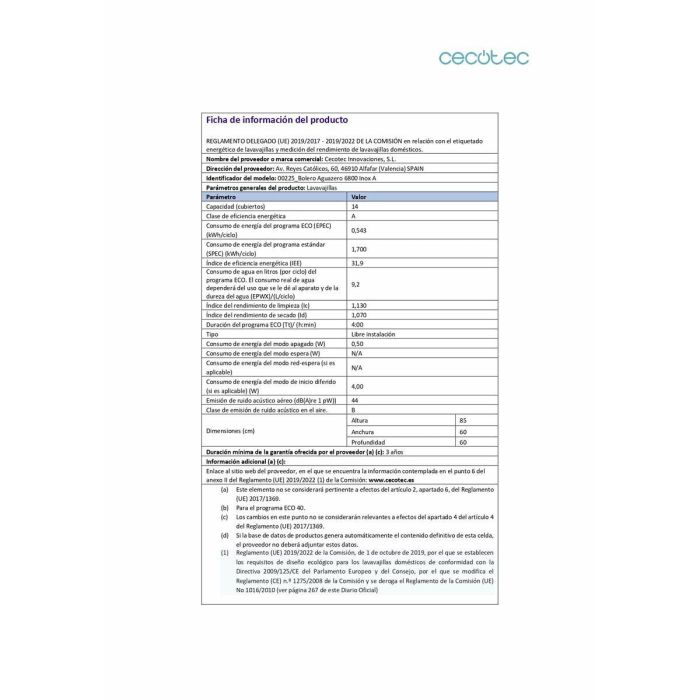 Lavavajillas Cecotec Aguazero 6800 Inox A 59,8 cm Acero 1