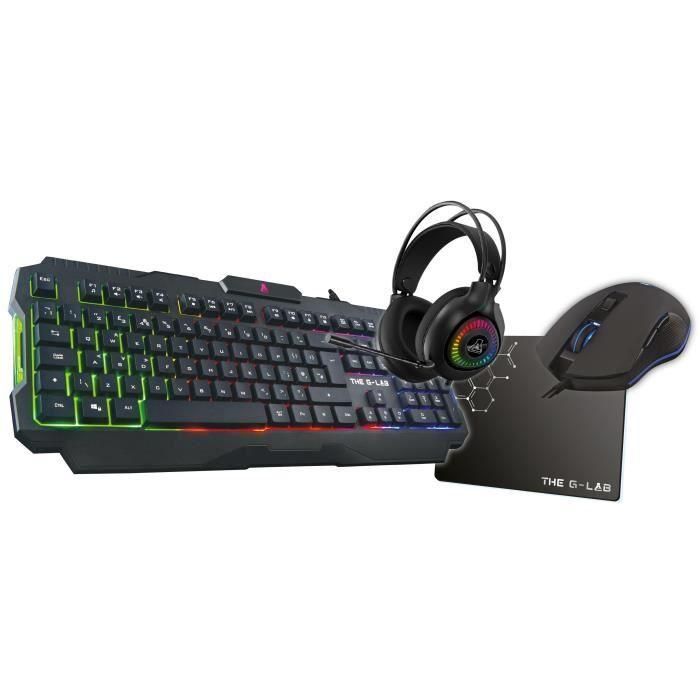 The G-Lab COMBO-ACTINIUM/FR Combo Gaming 4 en 1: Teclado retroiluminado 12 teclas, Ratón 3200 DPI, Auriculares inmersivos, Alfombrilla. Cableado.