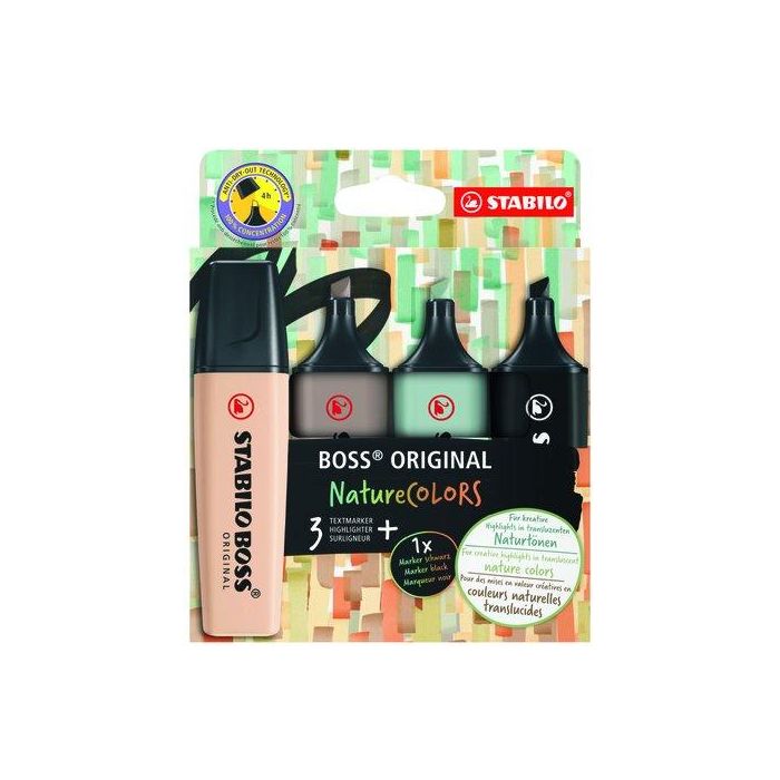 Stabilo Marcador Boss Original Naturecolors, Estuche 4 Ud, Tinta a Base de Agua, Ancho de Trazo 2+5 mm, Colores Surtidos