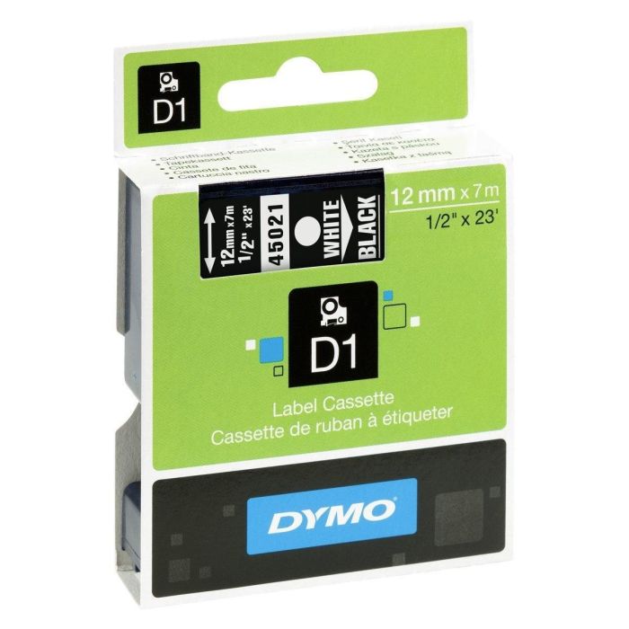 Dymo 45021 Cinta de Transferencia Térmica D1, Etiquetas Estándar Blanco Sobre Negro, 12 mm x 7M, Poliéster Autoadhesiva Dymo 45021 Cinta de Transferencia Térmica D1, Etiquetas Estándar Blanco Sobre Negro, 12 mm x 7M, Poliéster Autoadhesiva