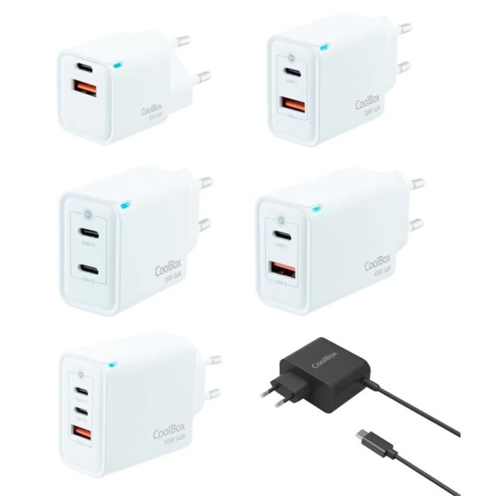 CoolBox Cargador GaN2 Pack Expositor 12 Unidades - Surrido 20W 30W 35W 45W 65W USB-C PD QC3.0 para Smartphone Tablet Portátil