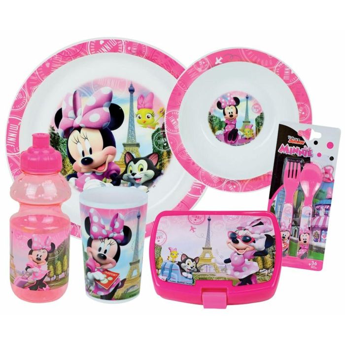 Fun House Set de Vajilla Disney Minnie 006377 Vidrio, Plato Hondo, Plato Llano, Botella, Caja para Merienda y Cubiertos
