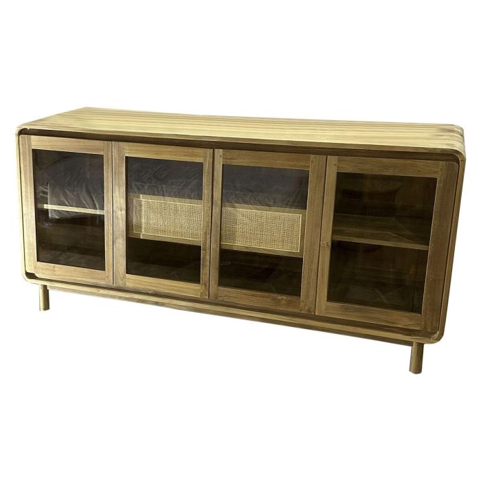 DKD Home Decor Buffet Aparador Balines Natural de Teca y Cristal con 2 Cajones, 4 Puertas y 3 Estanterías 180x50x90 cm