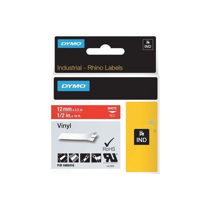 Dymo Rhino Id1-12 Cinta Etiquetas Adhesiva Industrial Blanco sobre Rojo 12mm x 5.5m Vinilo
