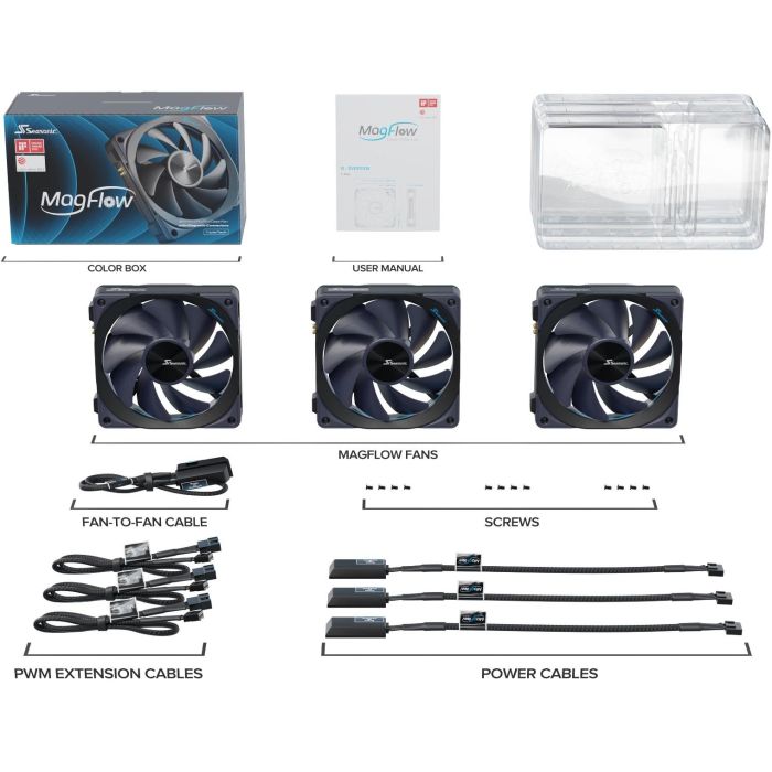 Seasonic MagFlow 1225PWM Ventiladores para PC 120mm - Kit de 3 con Rodamiento FDB, 600-2000 RPM, Negro 8