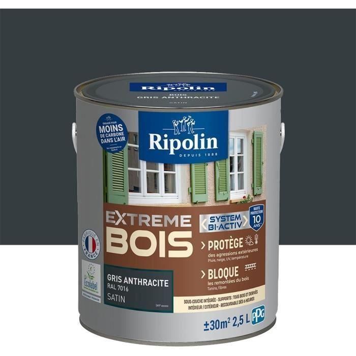 Pintura RIPOLIN para madera interior y exterior - Gris antracita Ral 7016 Satinado, 2,5L 1