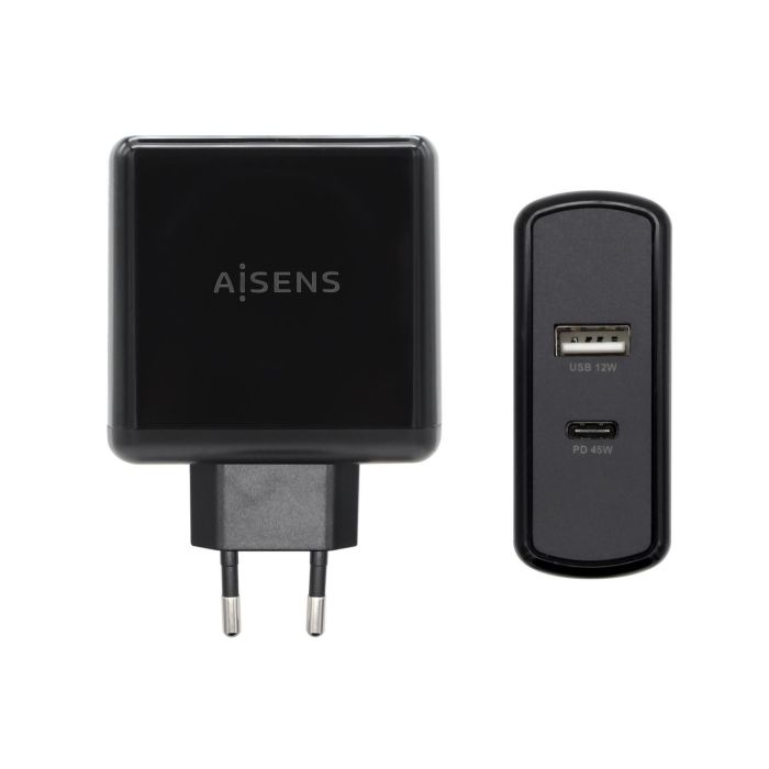 Aisens Cargador 57W, 1xUSB-C PD3.0 45W, 1xUSB-A 12W, Negro