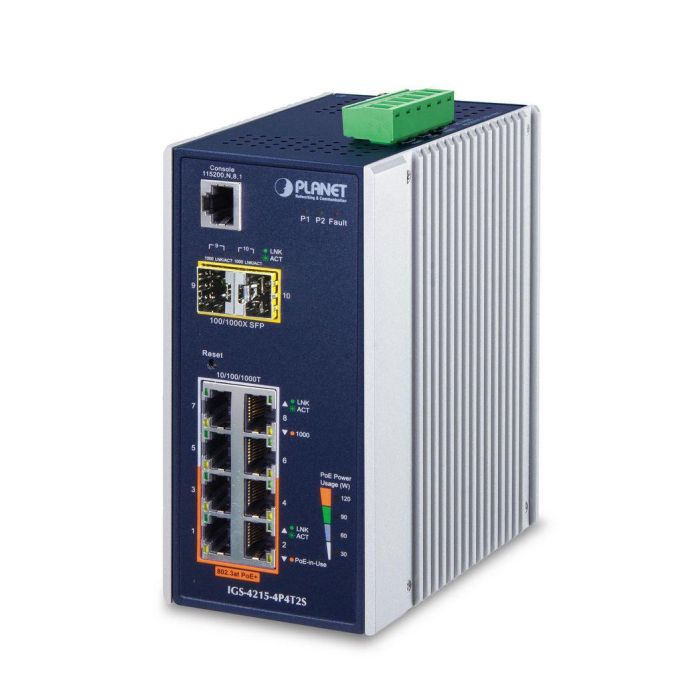 Planet IGS-4215-4P4T2S Switch Industrial Gestionable Gigabit L2/L4 - 4 PoE+ 802.3at (144W) + 4 RJ45 + 2 SFP - IP30