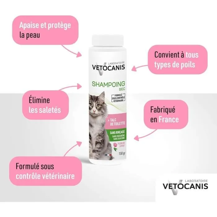Vetocanis Champú Seco en Polvo para Gatos - Alta Absorción de Grasa y Suciedad para un Pelaje Limpio 1