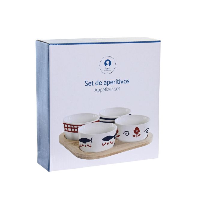 DKD Home Decor Aperitivo Mediterraneo Cottage Casitas Set de 5 Piezas Gres y Bambú Azul Rojo Blanco Natural 19.7 x 19.7 x 1 cm 3