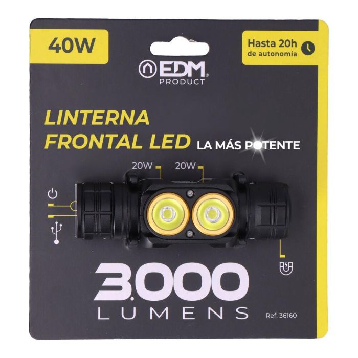 Edm Linterna Frontal 3.000lm, 20h Autonomía, IP44, USB Tipo-C, 4 Modos Luz, Incluye Cinta e Imán 4 Edm Linterna Frontal 3.000lm, 20h Autonomía, IP44, USB Tipo-C, 4 Modos Luz, Incluye Cinta e Imán 4