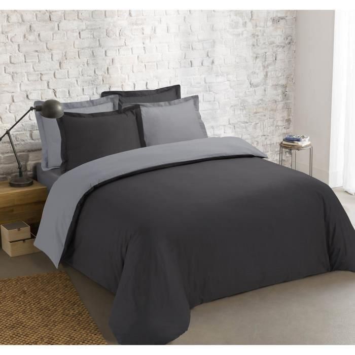 VISION Funda nórdica bicolor 100% algodón - 1 funda nórdica 220x240cm + 2 fundas de almohada 65x65cm - Gris oscuro / Gris claro VISION Funda nórdica bicolor 100% algodón - 1 funda nórdica 220x240cm + 2 fundas de almohada 65x65cm - Gris oscuro / Gris claro