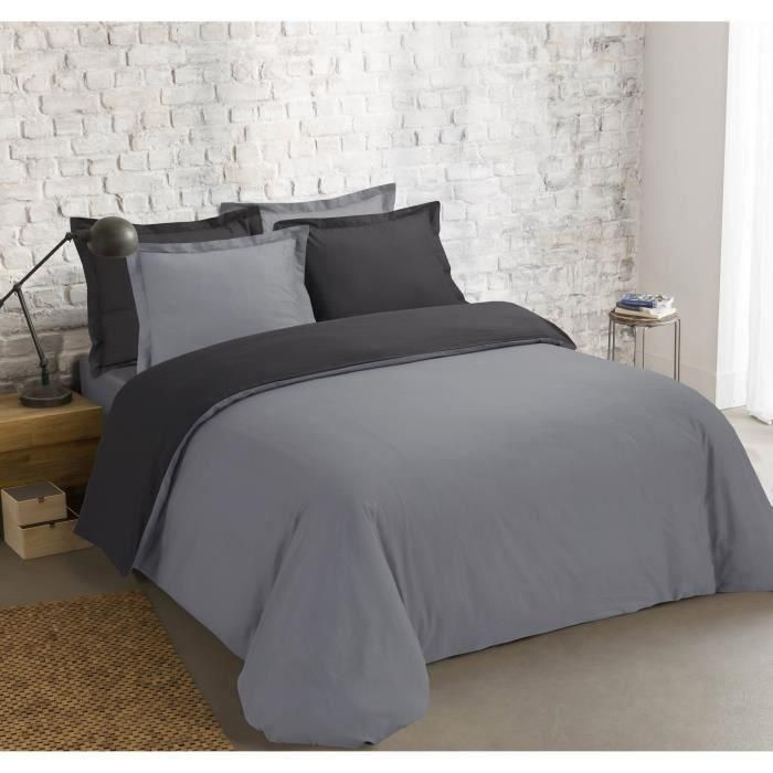 VISION Funda nórdica bicolor 100% algodón - 1 funda nórdica 220x240cm + 2 fundas de almohada 65x65cm - Gris oscuro / Gris claro 1 VISION Funda nórdica bicolor 100% algodón - 1 funda nórdica 220x240cm + 2 fundas de almohada 65x65cm - Gris oscuro / Gris claro 1