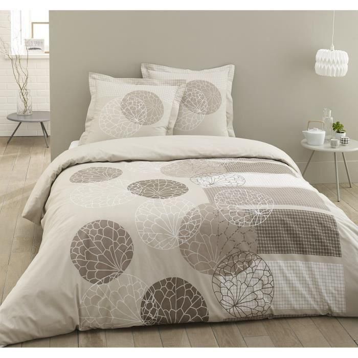 VISION Funda nórdica Adele - 100% algodón - 1 funda nórdica 220 x 240 cm + 2 fundas de almohada 65 x 65 cm con volante plano - Beige
