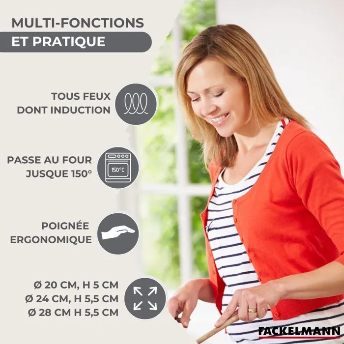 Fackelmann AAAUL19855 Juego de 3 Sartenes de Acero Inoxidable (20, 24, 28 cm) con 6 Utensilios de Acero Inoxidable 2
