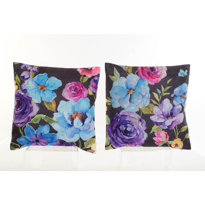 DKD Home Decor Cojín Shabby Flores Negro Multicolor 45x45 cm Poliéster Microfibra Con Cremallera Lavado en Seco Set de 4 Surtido Aleatorio