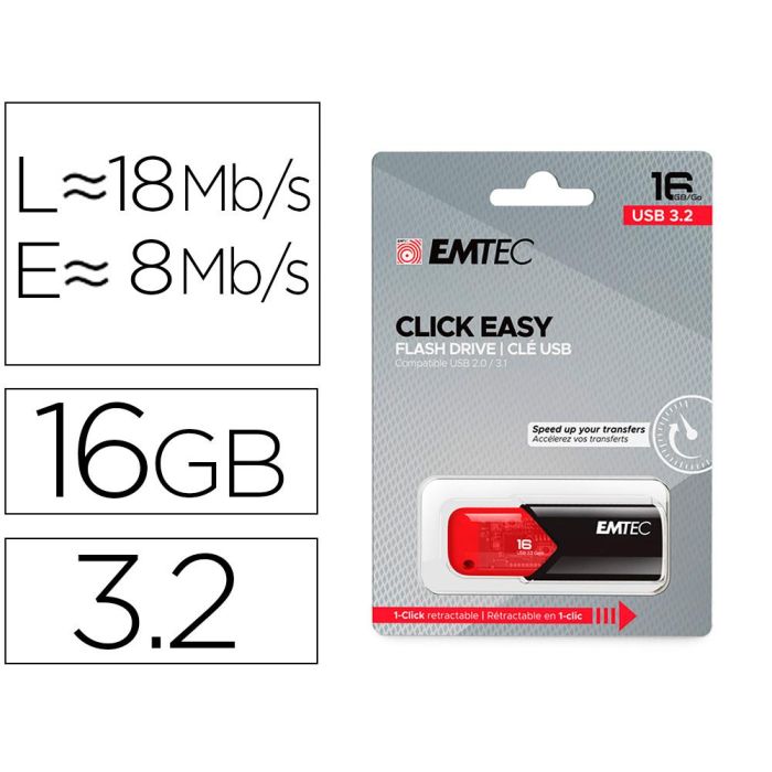 Memoria Emtec Usb 3.2 cLick Easy 16 grb Rojo