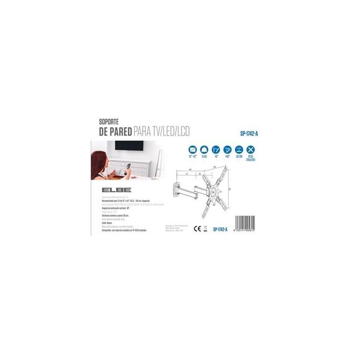 Elbe SP-1742-A Soporte de Pared Articulado para TV 17'-42' hasta 15Kg, Giro 90° e Inclinación 10° 2 Elbe SP-1742-A Soporte de Pared Articulado para TV 17'-42' hasta 15Kg, Giro 90° e Inclinación 10° 2