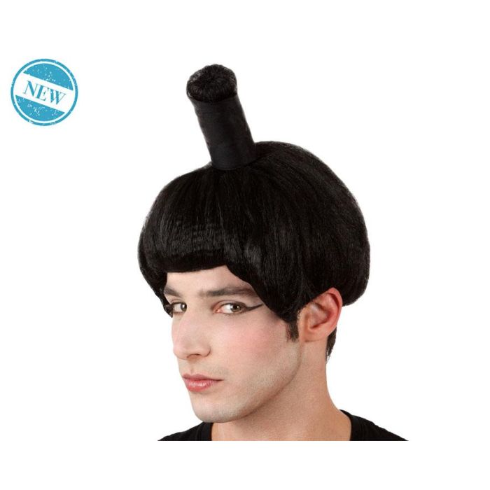Peluca Negra Con Moño Alto Para Sumo Japonés Ideal Fiestas Temáticas Carnaval Cosplay Samurai Guerrero