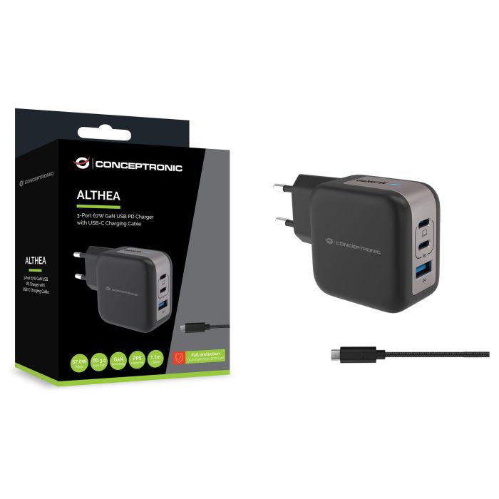 Conceptronic Althea17B Cargador de Pared 67W 3 Puertos (2x USB-C PD 3.0, 1x USB-A QC 3.0) con PPS y Enchufe EU - Negro