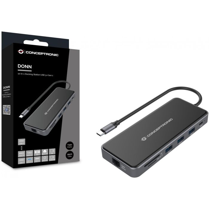 Conceptronic DONN15G Estación de Acoplamiento 12 en 1 USB Tipo C con HDMI/VGA/USB-C PD/USB 3.0/GbE/AUX 1