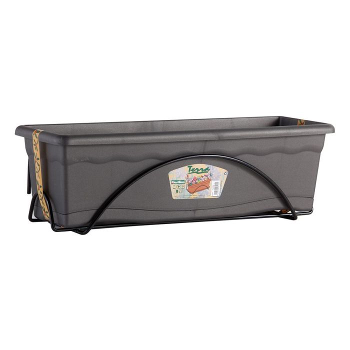 Plastiken Jardinera con Plato Integrado y Soporte Metálico 60x24cm Antracita de Polipropileno Resistente UV Exterior