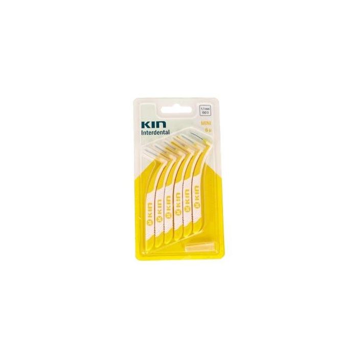 KIN Cepillos Interdentales Mini 1,1 mm, con Filamentos Tynex® y Mango Angular, para Limpieza Profunda de Placa, 6 unidades