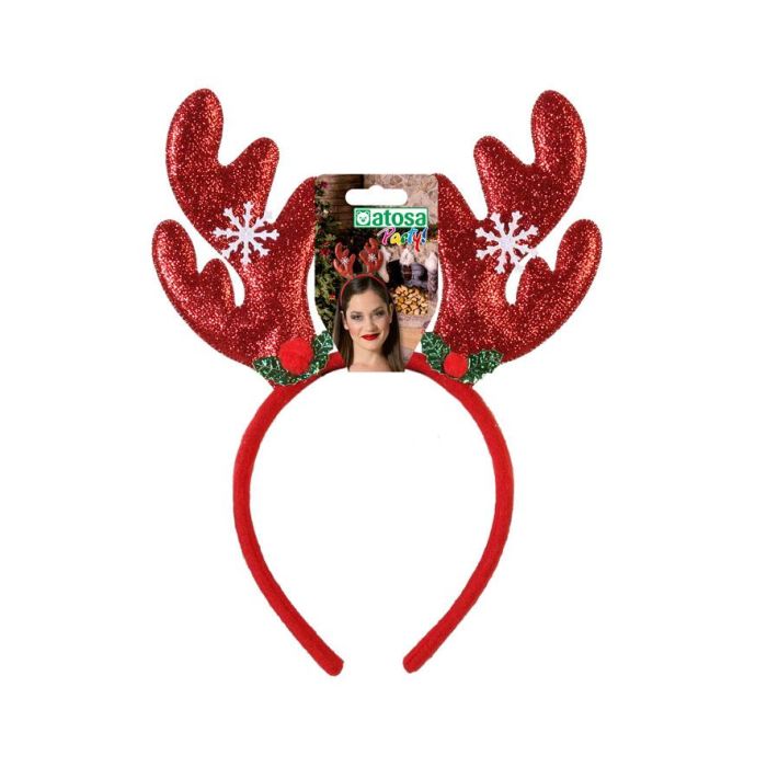 Diadema de Navidad Reno Brillante Rojo con Purpurina y Copos de Nieve para Mujer Adulto, Accesorio Festivo de Celebración 1