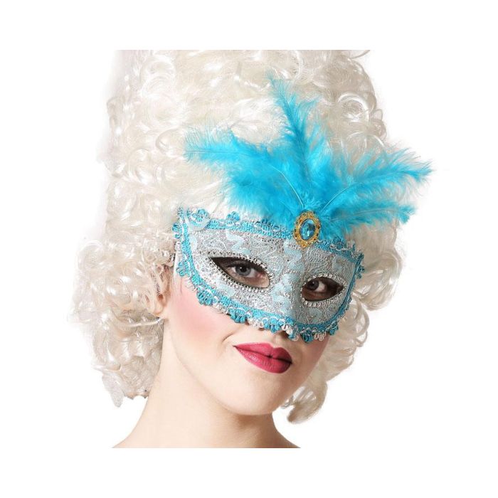 Antifaz Azul Máscara Veneciana con Encaje Brillante y Plumas para Fiestas, Teatro y Fotografía