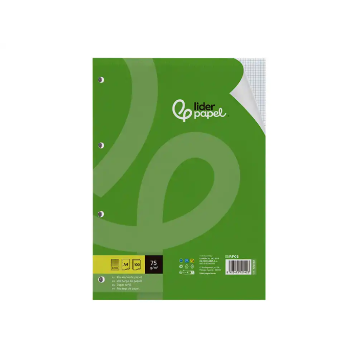 Liderpapel Recambio Din A4 100 Hojas 75 gr Cuadro 3 mm con Margen 4 Taladros 1