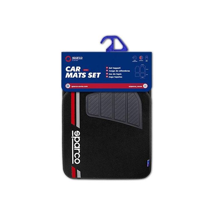 Sparco Alfombra Moqueta Corsa Roja SPCF508RD con Logo y Franja Roja de Goma, Juego de 4 Unidades, Universales, Antideslizantes, Fáciles de Limpiar 2