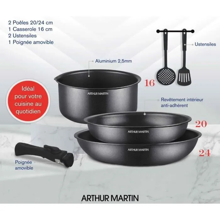 Arthur Martin AM9582 Batería de Cocina de Aluminio Antiadherente, 6 Piezas, Apta para Inducción, Mango Extraíble 2